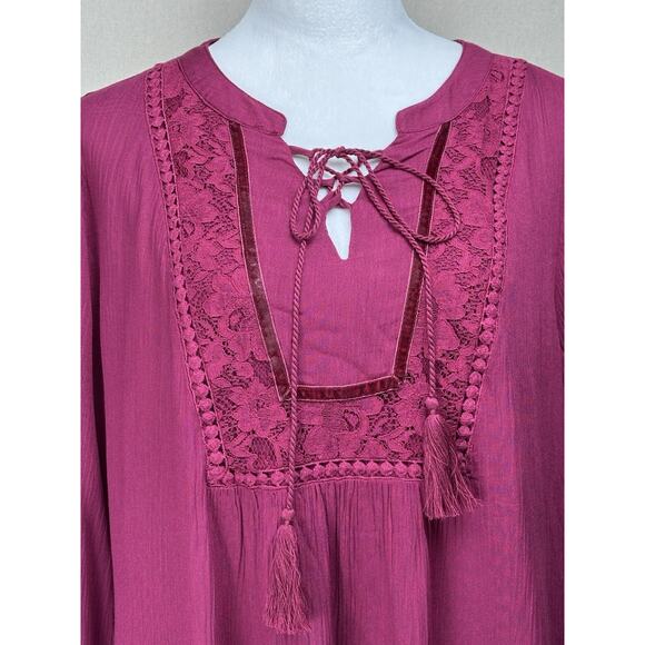 Passports Women’s Top Sz M Baby Doll Peasant Boho Lace Up Tie Neckline - Picture 2 of 14